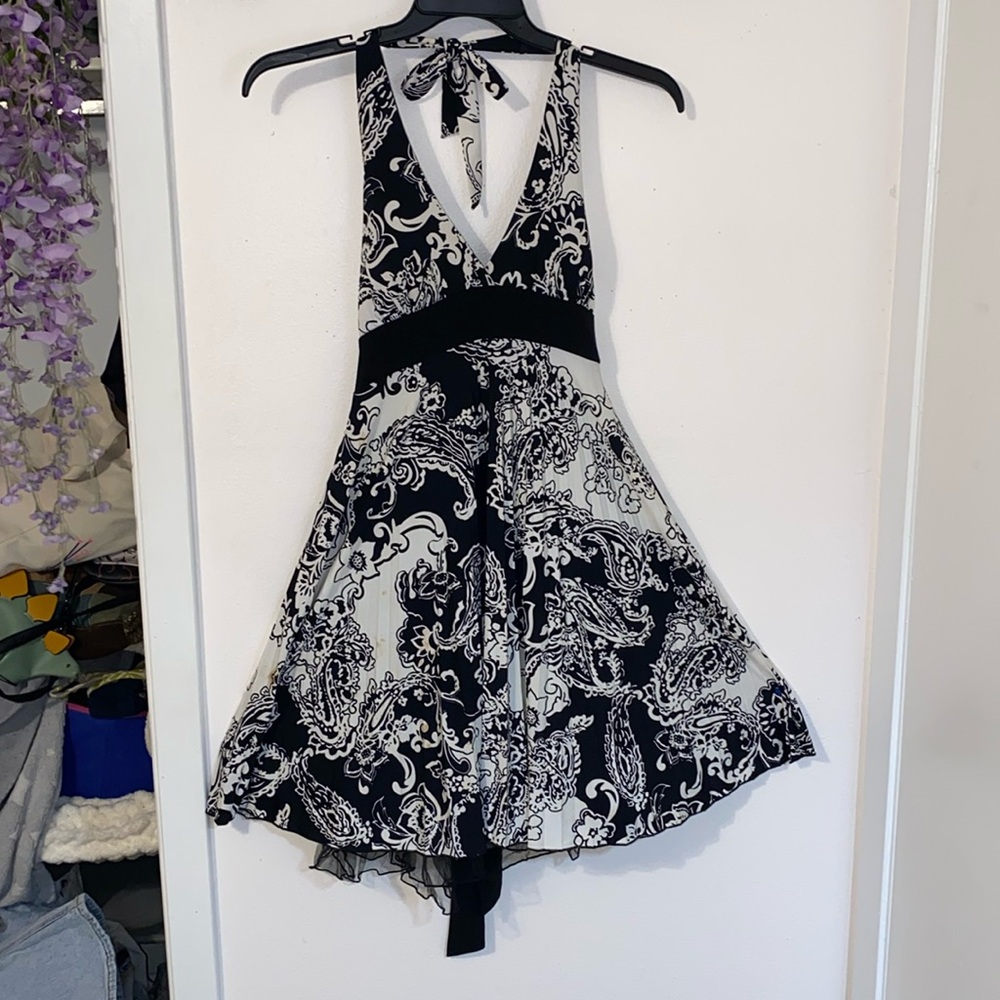 Medium black and white halter midi dress with a bow and a tool underskirt